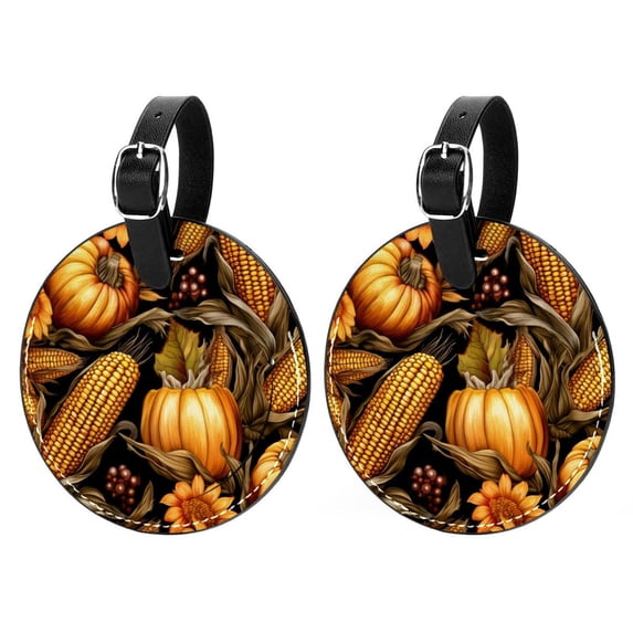 Hanksgiving Corn 2Pcs PU Leather Round Luggage Tags with Privacy Cover and Name ID Tag for Suitcase, Handbags, Backpacks, School Bags