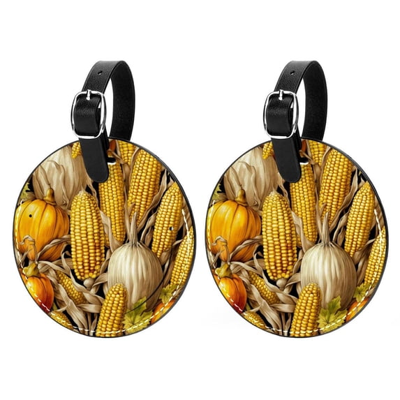 Hanksgiving Corn Set of 2pcs PU Leather Round Suitcase Tags with Privacy Cover and Name ID Tag - Ideal for Travel Luggage, Handbags, Backpacks, School Bags