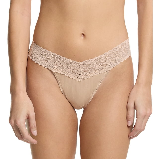 Hanky Panky Original Rise Cotton Thong with Lace (891801),Chai