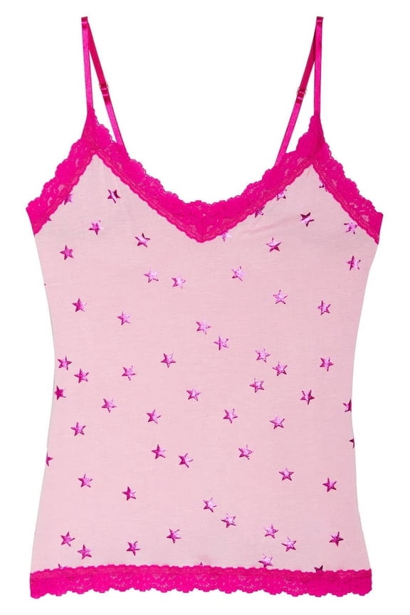 Shoot for the Stars Print V-Neck Scalloped Lace Sleeveless Cami Pink/fuchsia Size Large