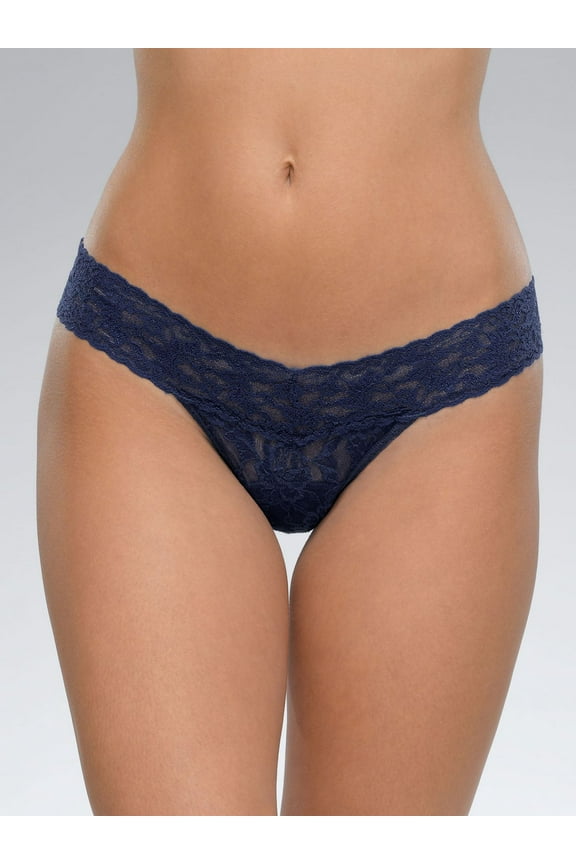 Signature Lace Low Rise Stretch Thong, Navy, One-Size