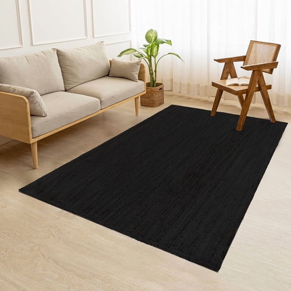 Hanmade Woven Rectangle Jute Rug, Rustic Braided Reversible Farmhouse Carpet for Kitchen, Living Room, Bedroom. Black, 6 X 9 FT