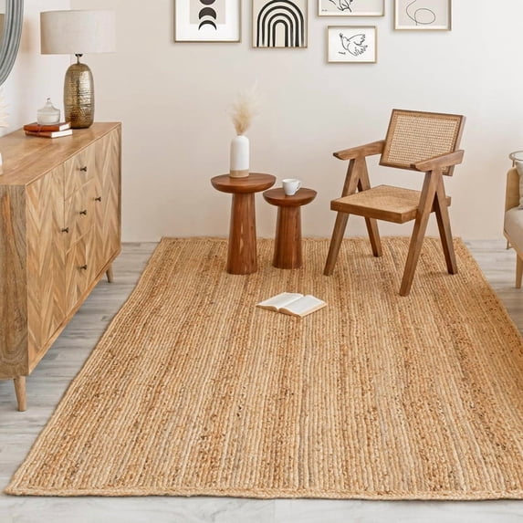 Hanmade Woven Rectangle Jute Rug, Rustic Braided Reversible Farmhouse Carpet for Kitchen, Living Room, Bedroom. Natural, 4 X 6 FT