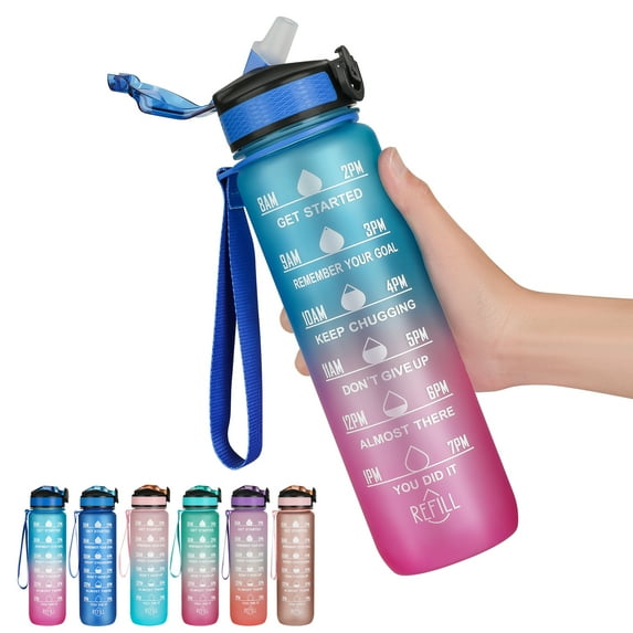 Hanmir 32oz Motivational Water Bottle with Straw Water Bottle with Time Marker Leakproof Tritan Fitness Sports Water Jug for Gym Camping Outdoor Sports(Blue&Purple)