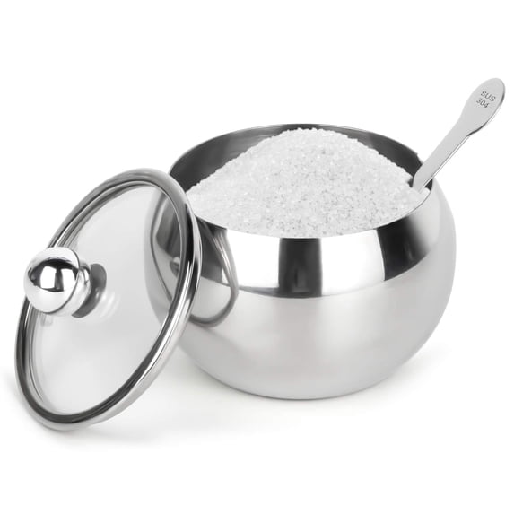 Hanmir Sugar Bowl with Lid and Spoon 8.1oz Stainless Steel Sugar Pot Sugar Container for Home and Kitchen(Sliver)