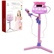Hanmun Kids Karaoke Machine Microphone Musical Toys - Girls Pink Singing Karaoke Adjustable Stand Music Instruments Sound & Flashing Lights Toy