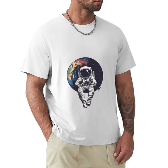 Hanmun Men's Astronaut Floating T-Shirts Short Sleeve Cotton Round Crew Neck Moisture Wicking White USA