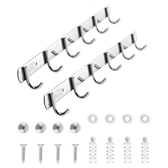 HannLk 2Pcs Multipurpose 32cm Stainless Hook Rail with 6 Hooks Home Organization Tool