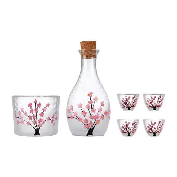 HannLk Elegant Japanese Glass Sake Set With Flower Pattern Sake Bottle Cup and Tank