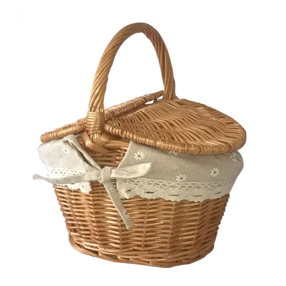HannLk Handmade Fruit Basket Storage Basket Wicker Hamper with Handle Double Lid