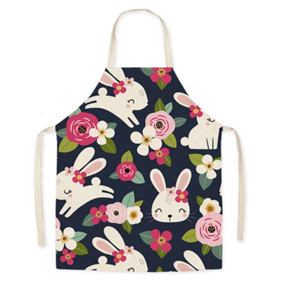 HannLk Kitchen Chef Easter Series Floral Printing Flax Apron Restaurant Cooking Adjustable Bibs Unisex Costume