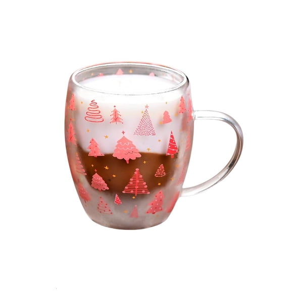 HannLk Pink Christmas Tree Designs Glass Coffee Mugs 350ml Insulated Espresso Cups