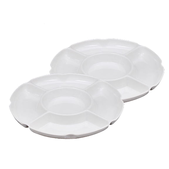 HannLk Round Divided Snack Serving Plate Tray 2 Pcs White 5 Compartments