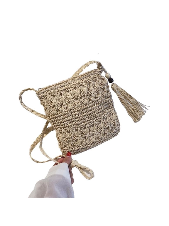 Women Beach Woven Straw Shoulder Messenger Bag with Tassel Boho Hollow Out Crochet Crossbody Handbag Macrame Clutch Purse with Zipper
