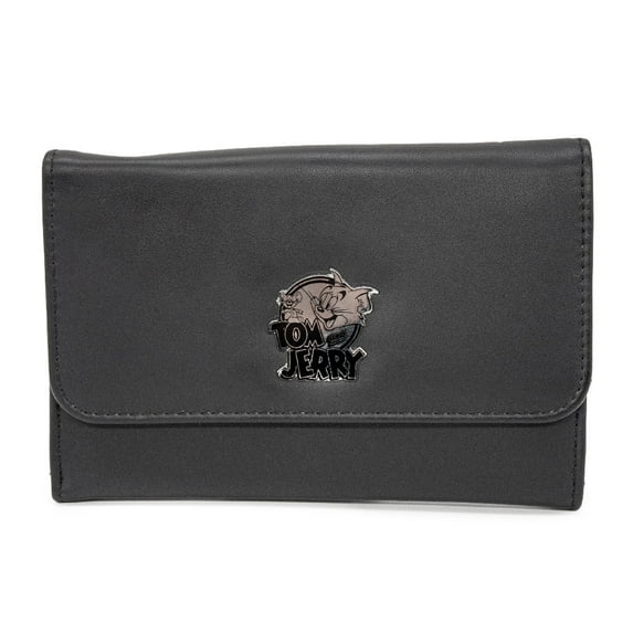 Hanna Barbera Wallet, Foldover, Tom and Jerry Logo Metal Emblem, Black, Vegan Leather