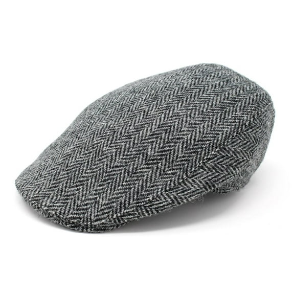 Hanna Hats Donegal Touring Harris Scottish Tweed Cap 100% Wool Vintage Flat Hat for Men Made in Ireland | Gray Herringbone
