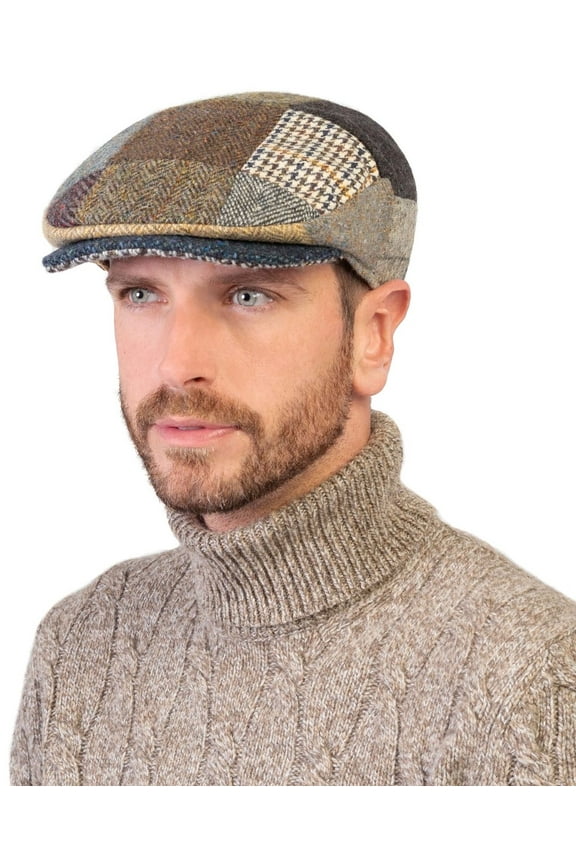 Donegal Tweed Vintage Patchwork Flat Driving Cap 100% Wool Handcrafted in Ireland