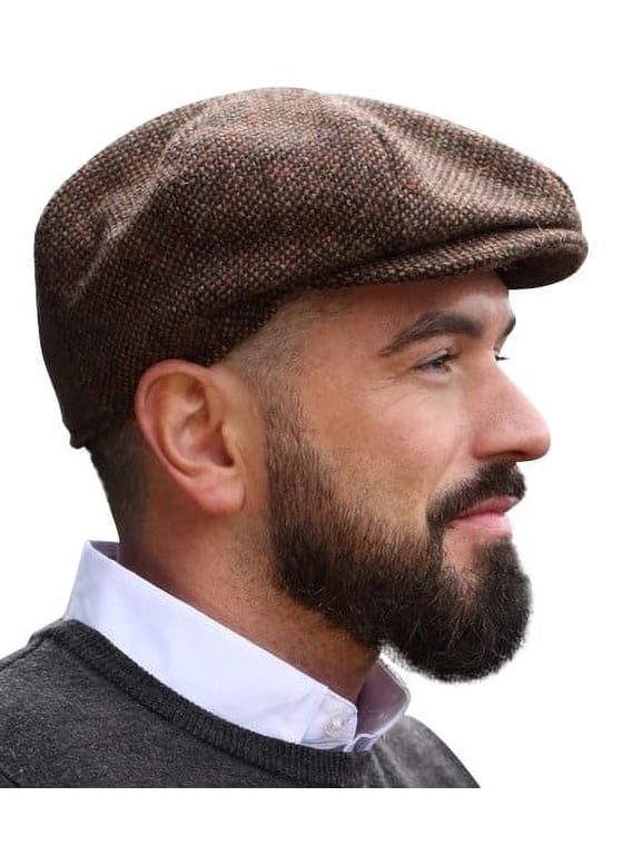 Irish Newsboy Cap Donegal Tweed 8 Piece 100% Wool Hat for Men Made in Ireland | Brown Fleck Salt & Pepper