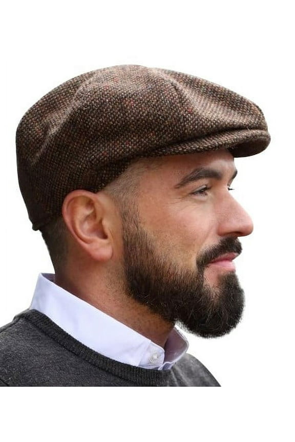 Irish Newsboy Cap Donegal Tweed 8 Piece 100% Wool Hat for Men Made in Ireland | Brown Fleck Salt & Pepper