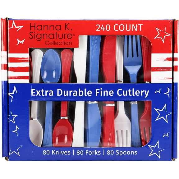 Hanna K Signature Collection Plastic Combo Box | Red/White/Blue | Pack of 240 Cutlery