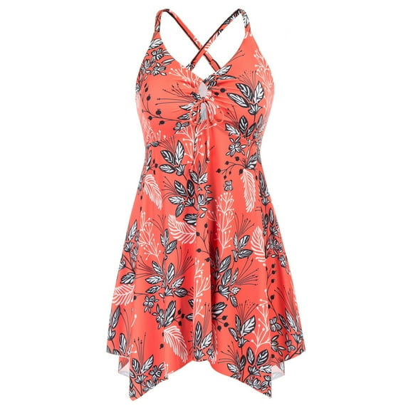 Hanna Nikole Two Piece Floral Printed Tankini Swimsuits for Women Plus Size Tie Front V-Neck Swimdress with Boyshorts 16W-28W