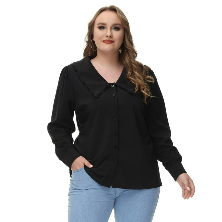 Hanna Nikole Women Plus Size Button Down Shirt Long Sleeve Lapel Collar Vintage Blouses Coat Tops Walmart