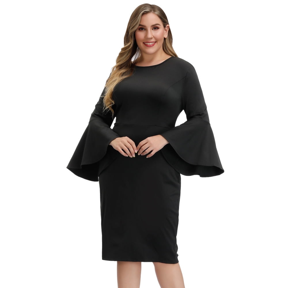 Hanna Nikole Women Plus Size Cocktail Pencil Dress Crew Neck Hips Wrapped Bodycon 3 4 Bell Sleeve Dress Walmart