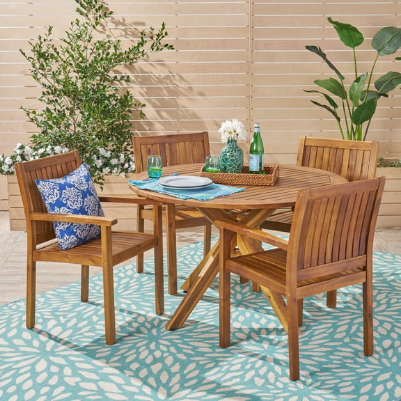 Hanna Outdoor 5 Piece Acacia Wood Dining Set, Teak