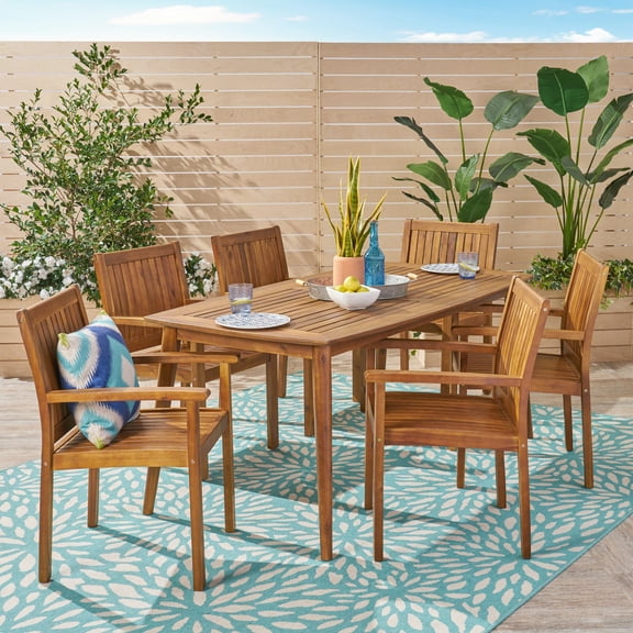 Hanna Outdoor 7 Piece Acacia Wood Dining Set, Teak