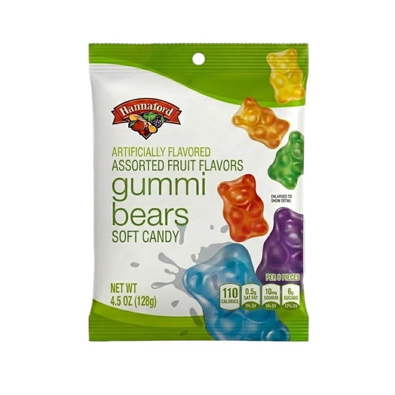 Hannaford Assorted Fruit Flavors Gummi Bears Soft Candy, 4.5 oz Bag