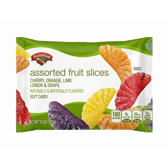 Hannaford Assorted Fruit Slices Soft Candy, Cherry, Orange, Lime Lemon & Grape, 14 oz