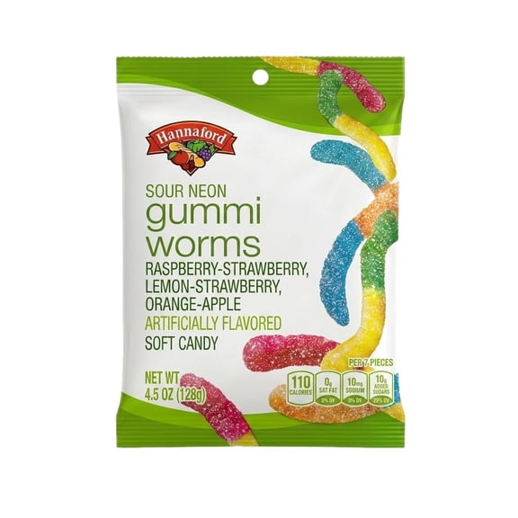 Hannaford Sour Neon Gummi Worms Soft Candy, Raspberry-Strawberry, Lemon-Strawberry & Orange-Apple, 4.5 oz