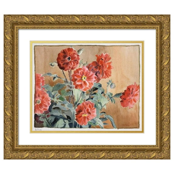 Hannah Borger Overbeck 14x12 Gold Ornate Wood Frame and Double Matted Museum Art Print Titled - Dahlias (circa 1915)