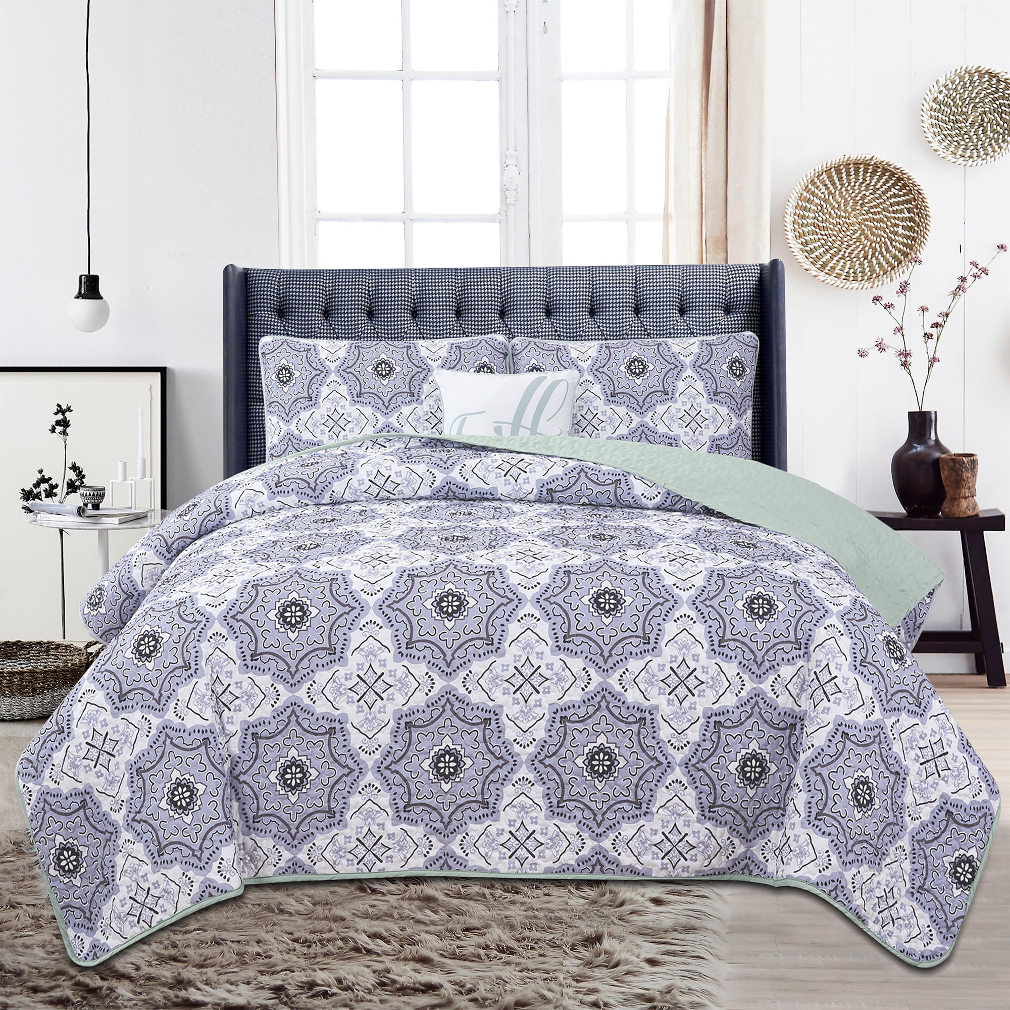 Hannah Linen Queen Quilt Bedding Set 4 Piece Microfiber Set with 2