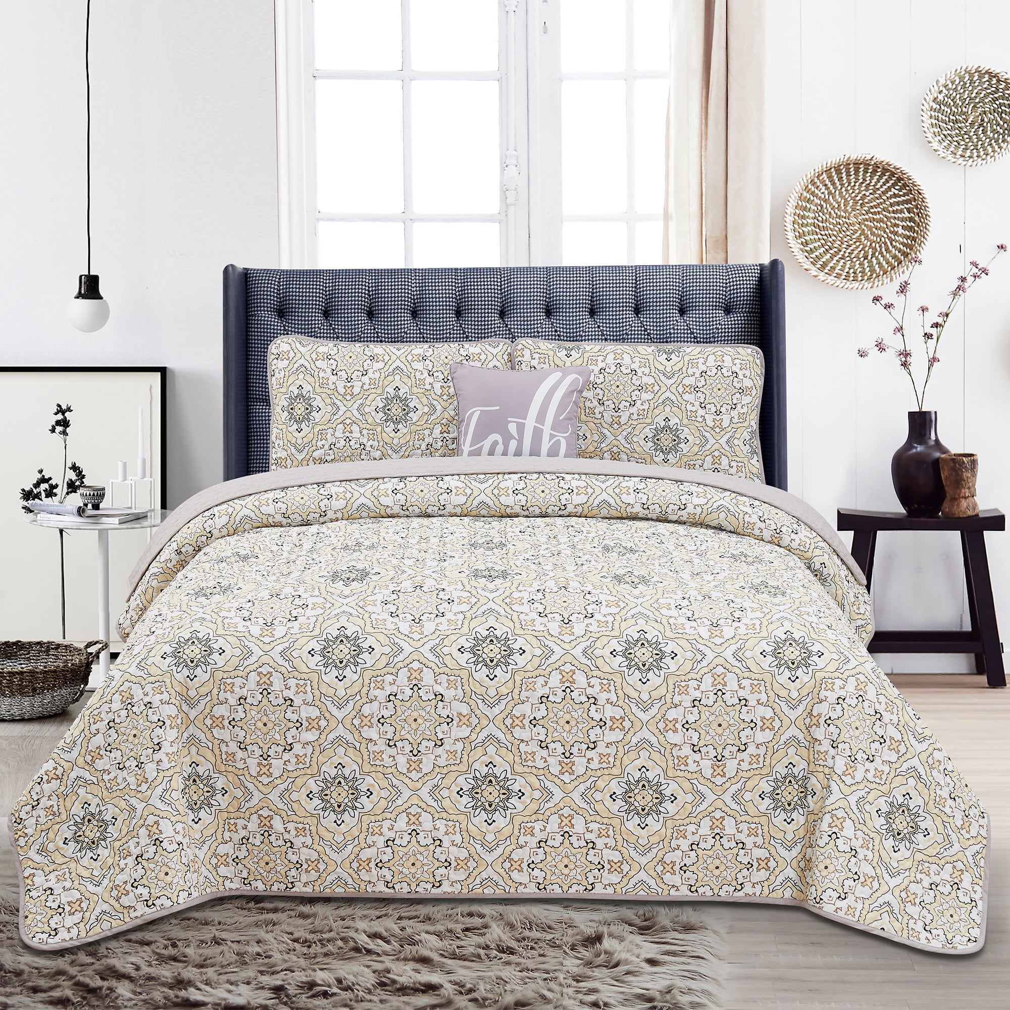 Taupe Greyson Reversible Microfiber Queen Quilt Set