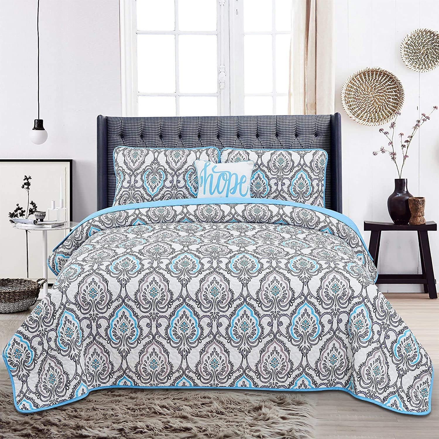 Hannah Linen Twin Size Quilts Set - Microfiber 3 Piece Down Alternative Design (Twin, Jade Blue)
