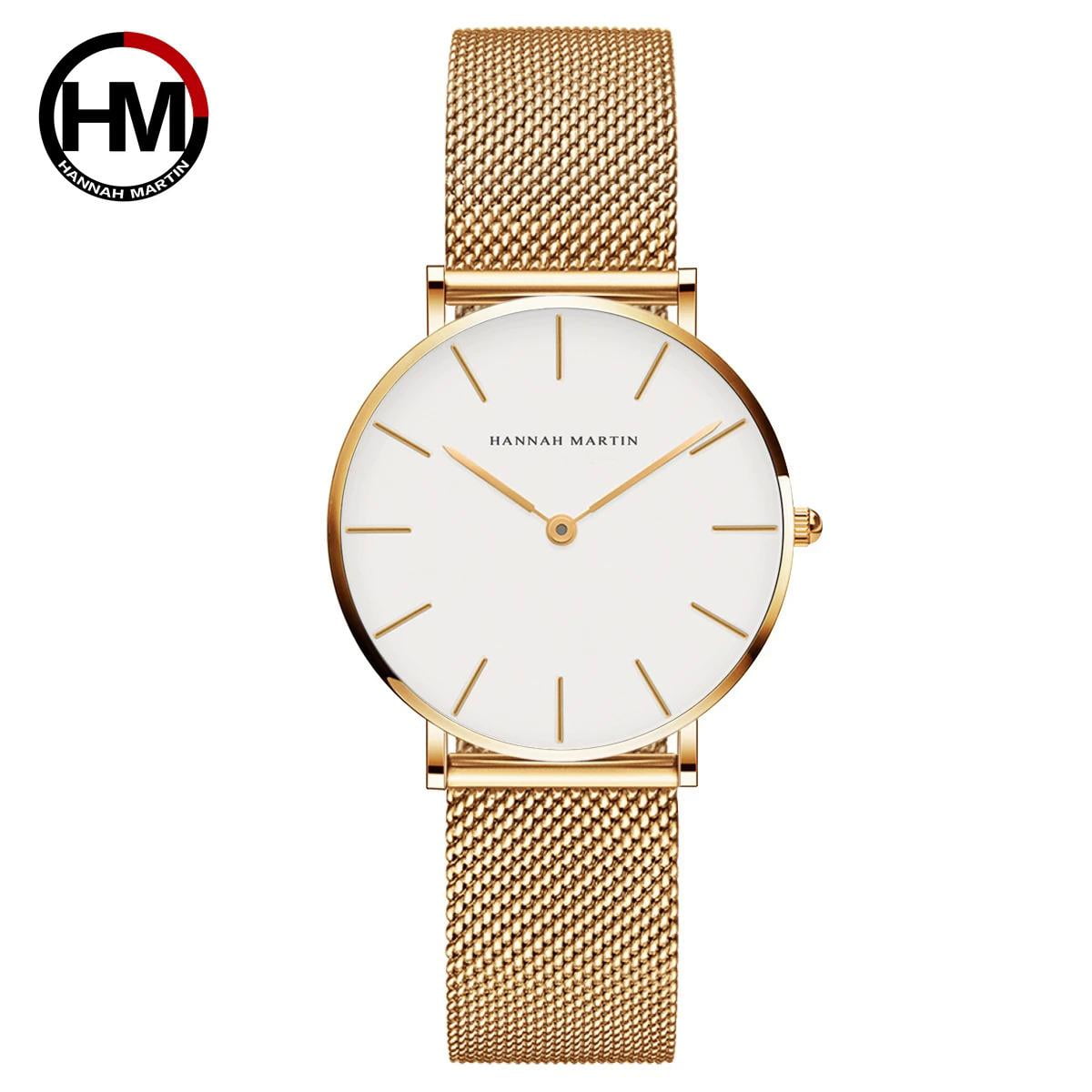 Hannah Martin Classic 36mm  Ladies Clock Japanese Movement Simple Stainless Steel Mesh With Gold Quartz Waterproof Women Watches