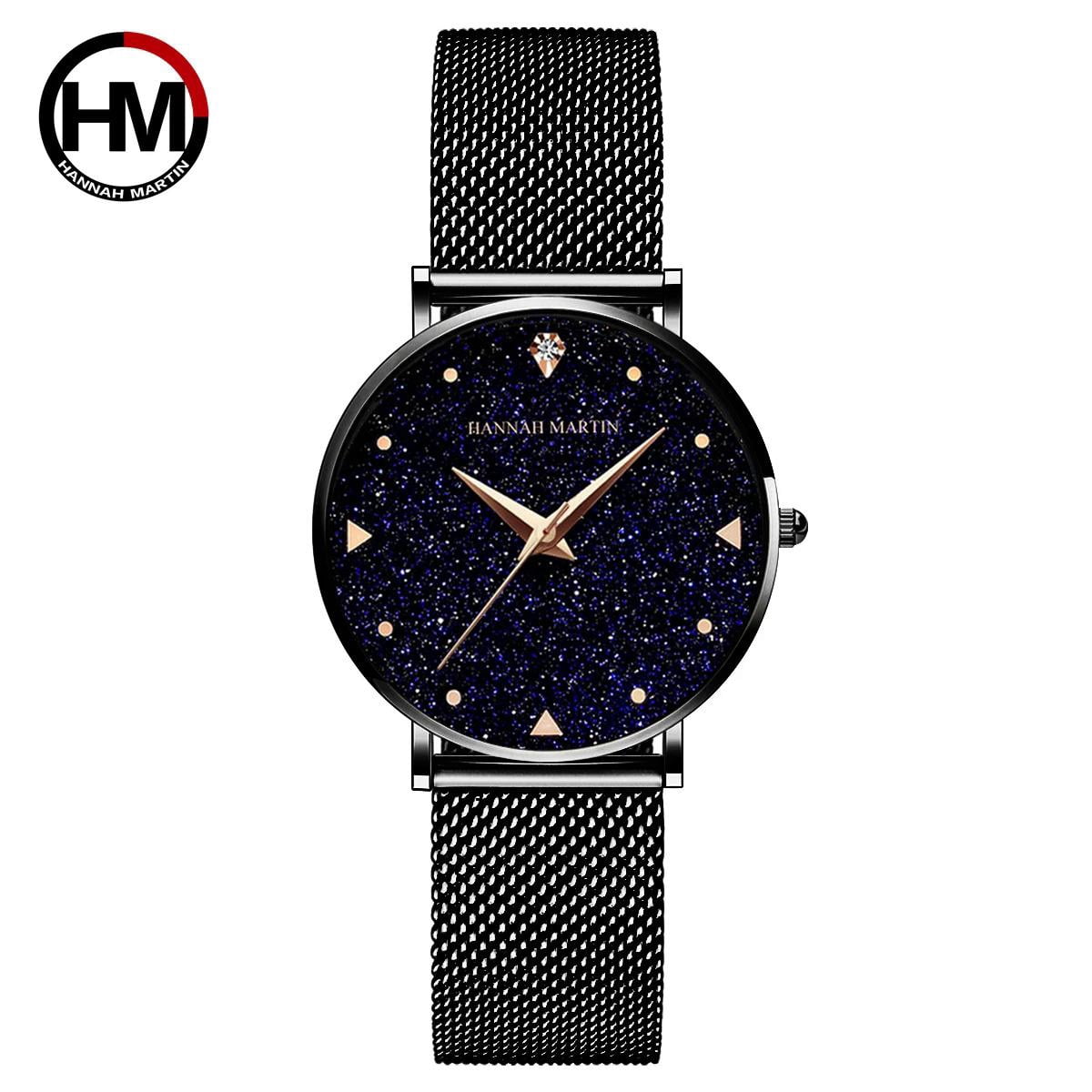 Hannah Martin Ladies Watch Japan Quartz Movement Stainless Steel Mesh Band Wristwatches Flash Night Stars Face Watches For Women