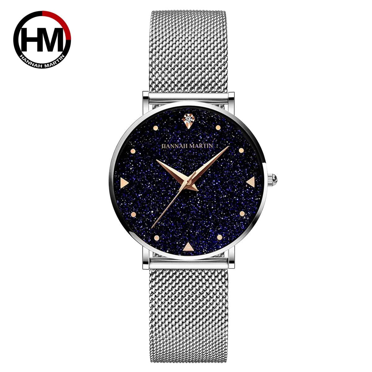 Hannah Martin Ladies Watch Japan Quartz Movement Stainless Steel Mesh Band Wristwatches Flash Night Stars Face Watches For Women