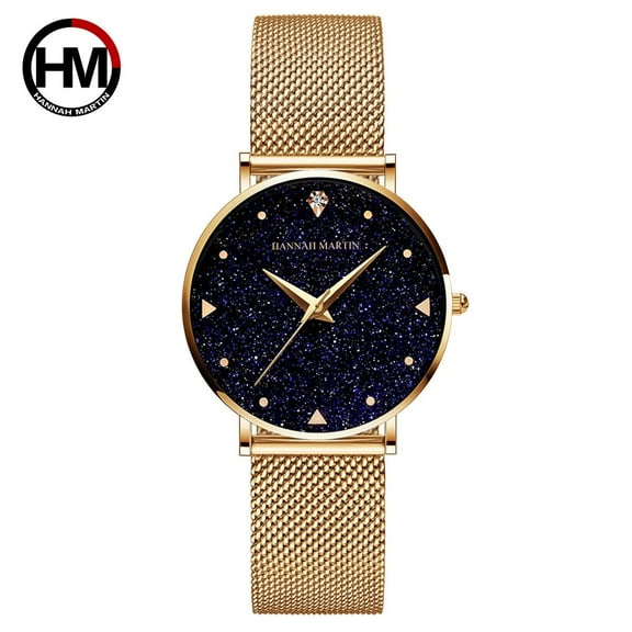 Hannah Martin Ladies Watch Japan Quartz Movement Stainless Steel Mesh Band Wristwatches Flash Night Stars Face Watches For Women