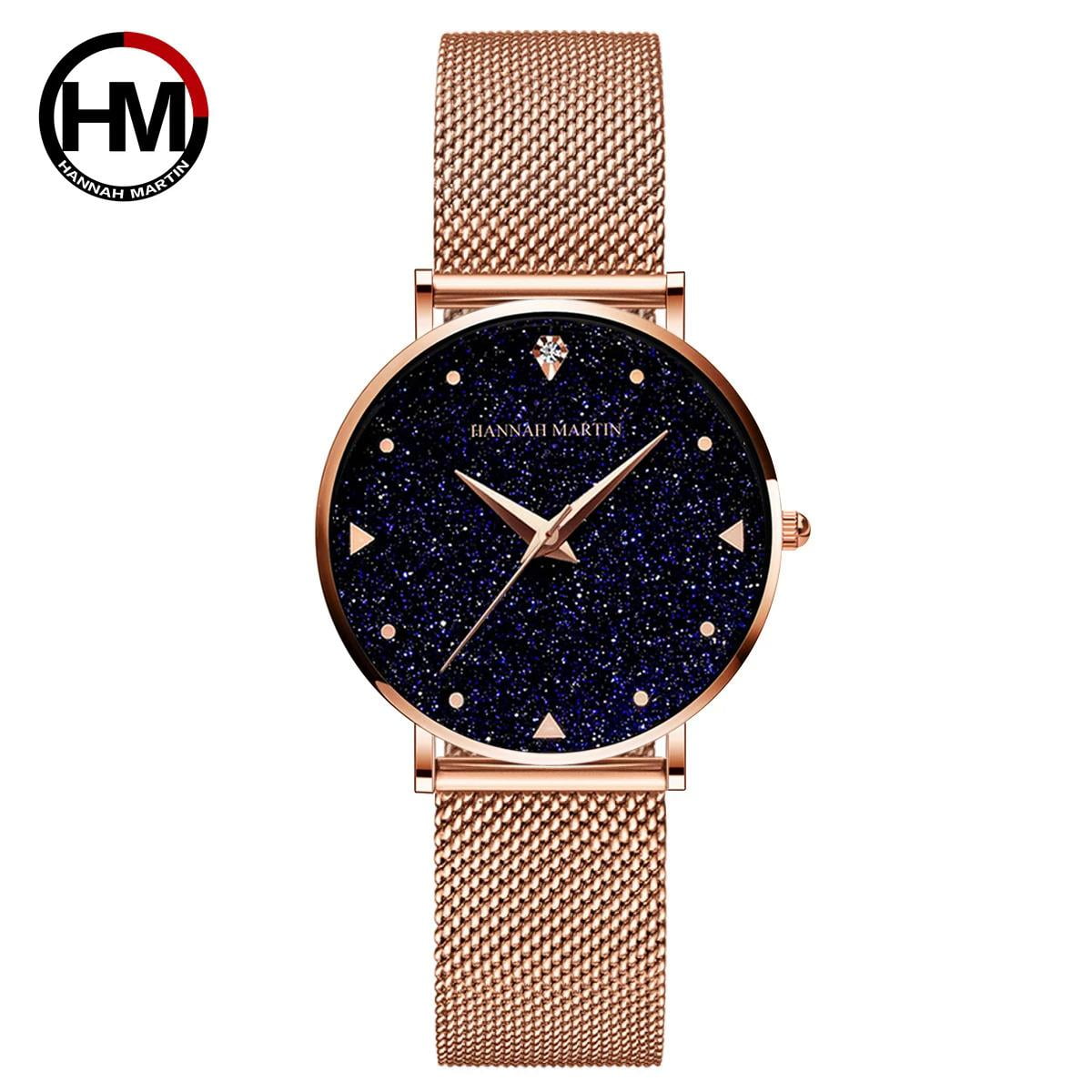Hannah Martin Ladies Watch Japan Quartz Movement Stainless Steel Mesh Band Wristwatches Flash Night Stars Face Watches For Women