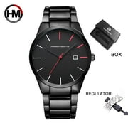 Hannah Martin Mens Watch Classic Design Black Stainless Steel Strap Calendar Waterproof Electronic Quartz Watch Business Simple Watch For Men