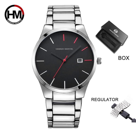 Hannah Martin Men's Watch Classic Design Black Stainless Steel Strap Calendar Waterproof Electronic Quartz Watch Business Simple Watch For Men