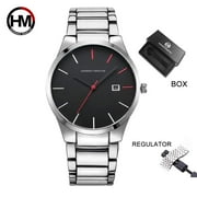 Hannah Martin Mens Watch Classic Design Black Stainless Steel Strap Calendar Waterproof Electronic Quartz Watch Business Simple Watch For Men
