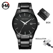 Hannah Martin Mens Watch Classic Design Black Stainless Steel Strap Calendar Waterproof Electronic Quartz Watch Business Simple Watch For Men