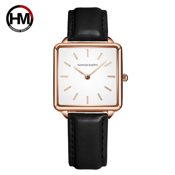 Hannah Martin simple leather watch for women Japanese movement quartz wristwatch fashion casual all-match clock black gift box