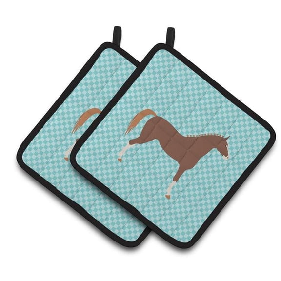 Hannoverian Horse Blue Check Pair of Pot Holders - Blue