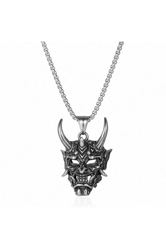 Hannya Mask Necklace, Mens Gothic Punk Pendant, Stainless Steel Silver Black Personalized Evil Demon Horn Jewelry Necklaces with 60cm/23.6'' Chain