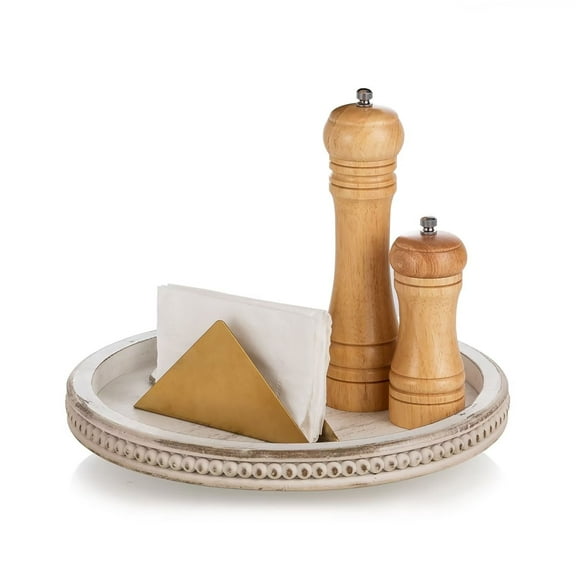 Hanobe Bead Wooden  Lazy Susan Organizer Turntable for Dining Table Top, Wood Round Decorative Tray White 11.8"