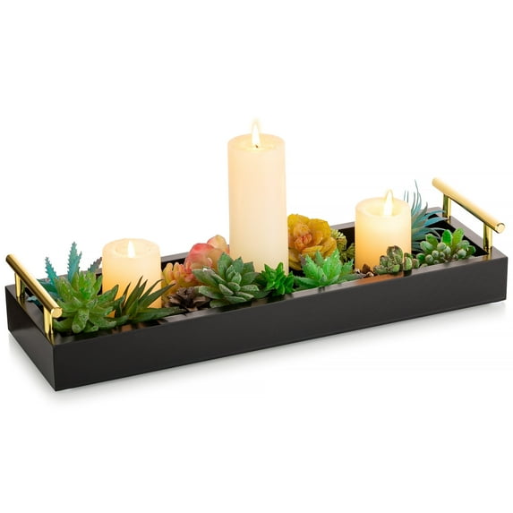 Hanobe Black Decorative Wooden Tray for Table Decor,Long Narrow Rectangle Candle Holder Trays Serving Tray with Gold Handles for Home Coffee Table Centerpiece Decor